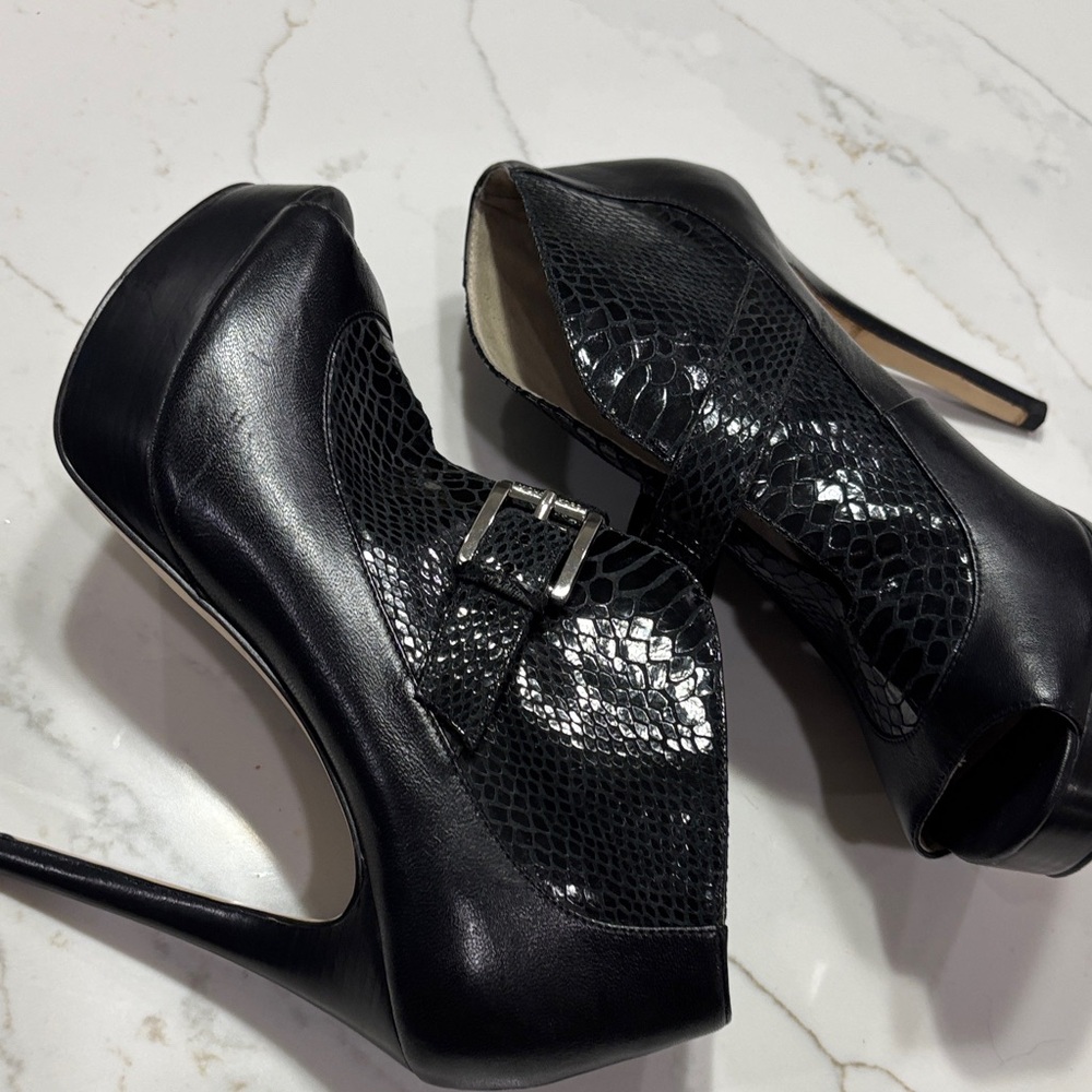 Black Peep-Toe Platform High Heel Booties with Buckle - Picture 9 of 14